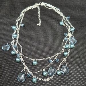 Vintage Silver and Blue Multi-Layer Necklace With Faux Pearls And Glass Beads
